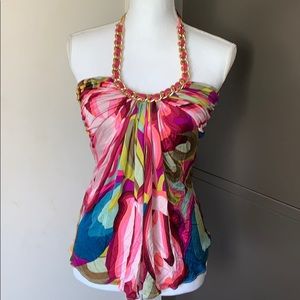 Sky 100% Silk Halter Top with Chain Hardware